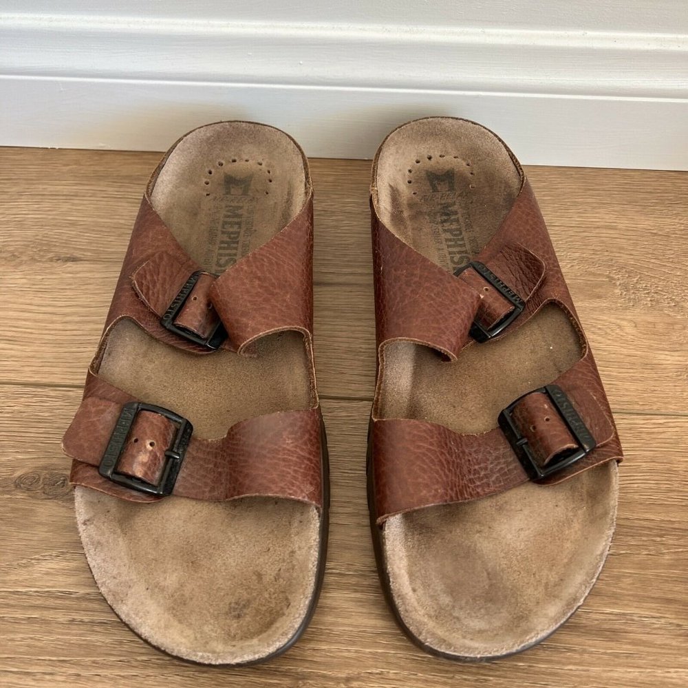 MEPHISTO Nerio Leather Sandals Mens EUR 46 & US 12 Brown Straps Slip On Buckle